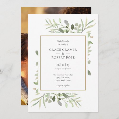 Greenery Foliage Gold Geometric Photo Wedding Invitation