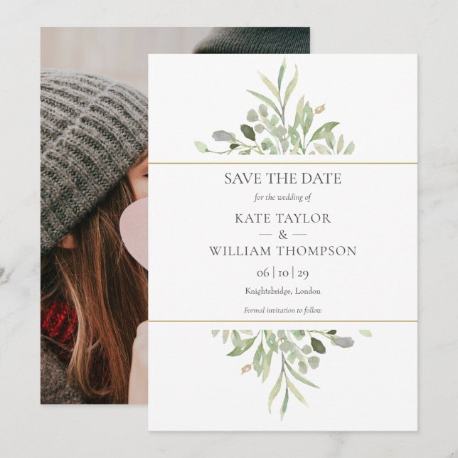 Greenery Foliage Gold Geometric Photo Wedding Save The Date (Front/Back)