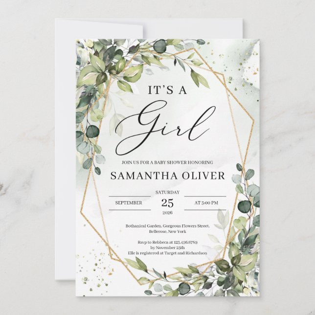 Greenery foliage gold hexagonal frame It's a girl Invitation (Front)