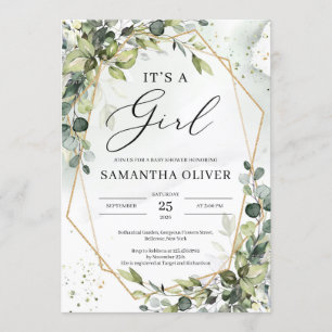 Greenery foliage gold hexagonal frame It's a girl Invitation