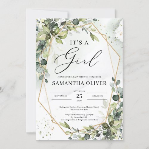 Greenery foliage gold hexagonal frame Its a girl Invitation