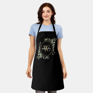 Greenery Foliage Gold Monogram Chic Script Black Apron