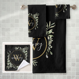 Greenery Foliage Gold Monogram Chic Script Black Bath Towel Set