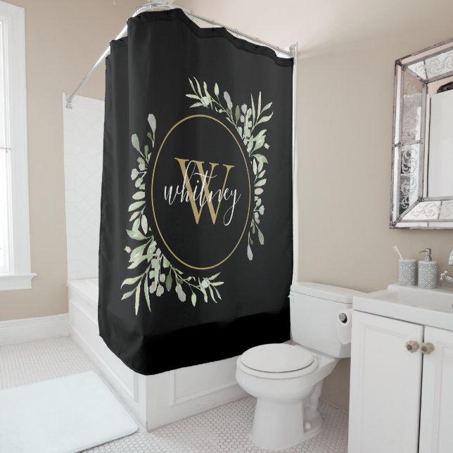 Greenery Foliage Gold Monogram Chic Script Black Shower Curtain (In Situ)