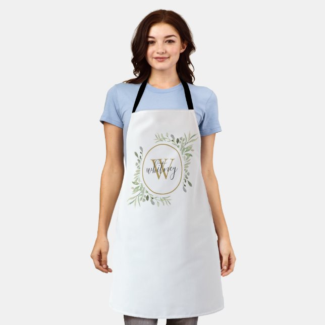 Greenery Foliage Gold Monogram Elegant Script Apron (Worn)