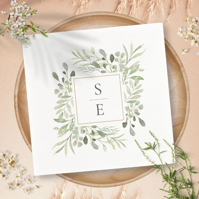 Greenery Foliage Gold Monogram Wedding  Napkins (Greenery Foliage Gold Monogram Wedding Napkins)