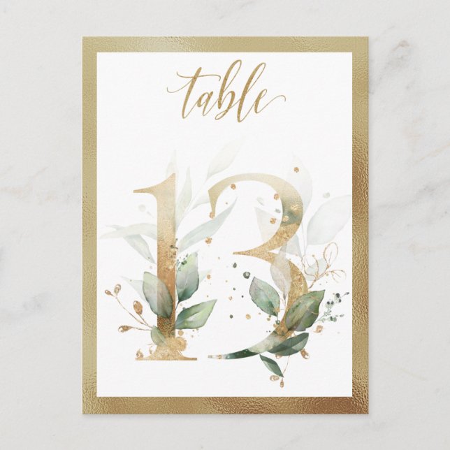 Greenery Foliage Gold Table Numbers, Table 13 Card (Front)