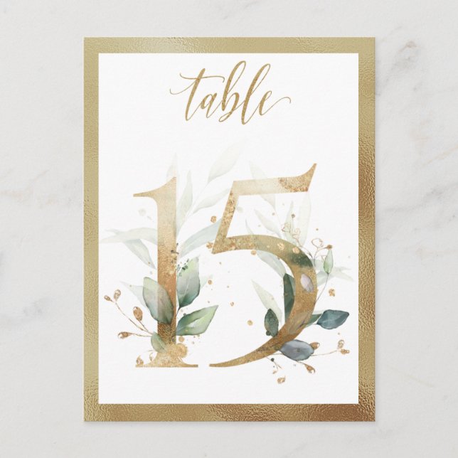 Greenery Foliage Gold Table Numbers, Table 15 Card (Front)