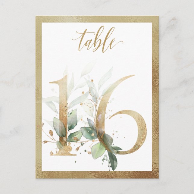 Greenery Foliage Gold Table Numbers, Table 16 Card (Front)