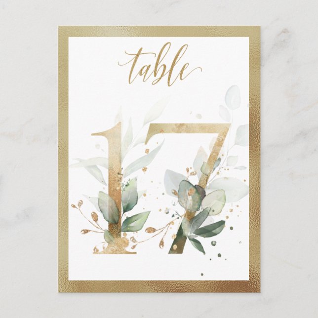 Greenery Foliage Gold Table Numbers, Table 17 Card (Front)