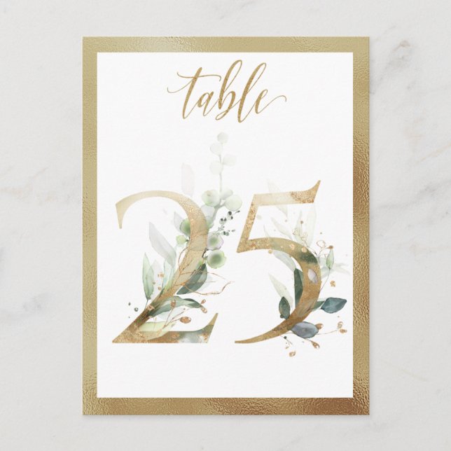 Greenery Foliage Gold Table Numbers, Table 25 Card (Front)
