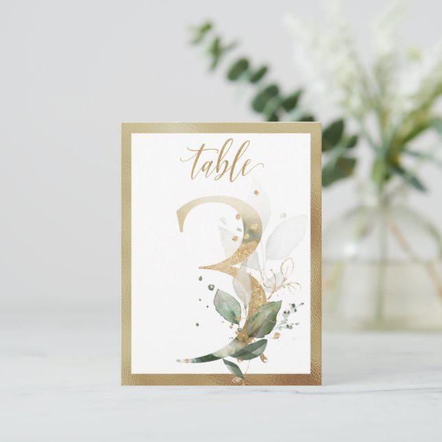 Greenery Foliage Gold Table Numbers, Table 3 Card (Standing Front)