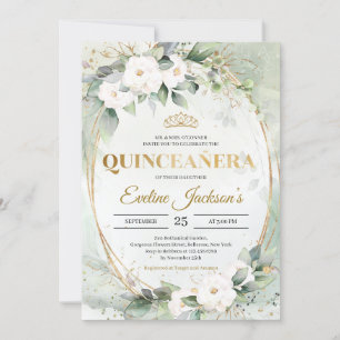 Greenery foliage gold tiara crown Quinceañera Invitation