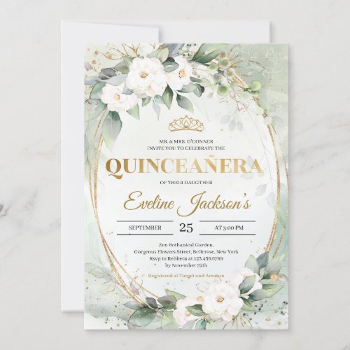 Greenery foliage gold tiara crown Quinceaera Invitation