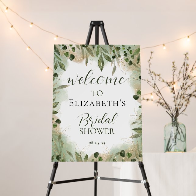 Greenery Foliage Green Gold Bridal Shower Welcome Foam Board (In Situ (Stand))