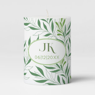 Greenery Foliage Green White Monogrammed Wedding Pillar Candle