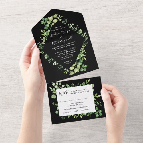 Greenery Foliage Leaves Botanical Wedding Black All In One Invitation