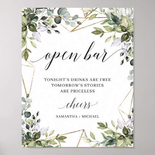 Greenery foliage leaves gold frames open bar sign