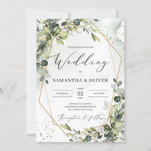 Greenery foliage leaves gold geometric wedding invitation