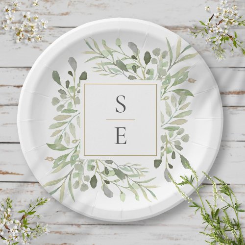 Greenery Foliage Monogram Initials Wedding Paper Plates