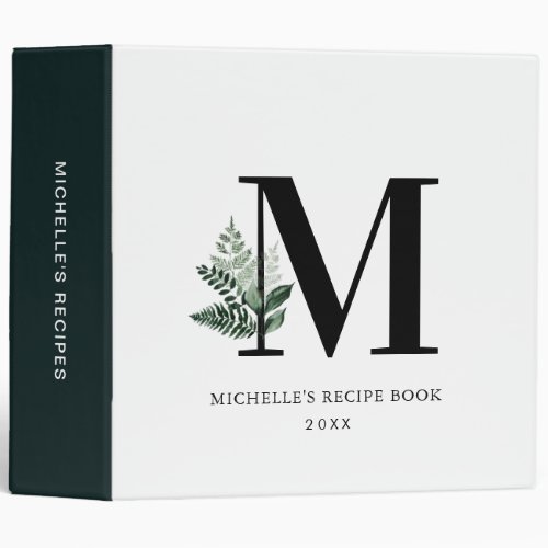 Greenery foliage monogram recipe book 3 ring binder