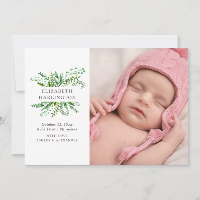 Greenery foliage new baby birth. Botanical newborn Announcement (Front)