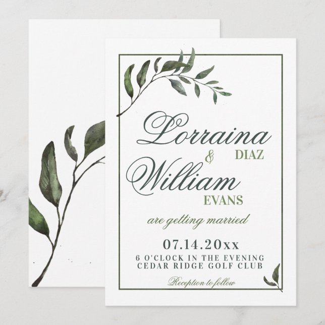 Greenery Foliage Olive Branch Elegant Wedding Invitation (Front/Back)