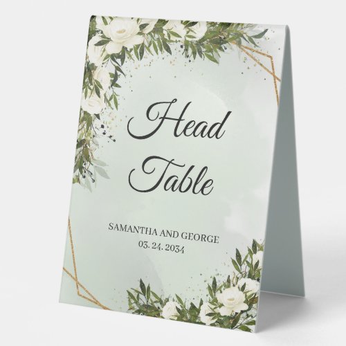 Greenery foliage olivewhite roses gold head table  table tent sign