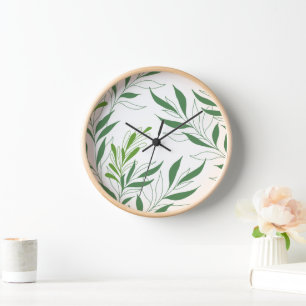 Greenery Foliage Pattern Elegant Green And White Clock