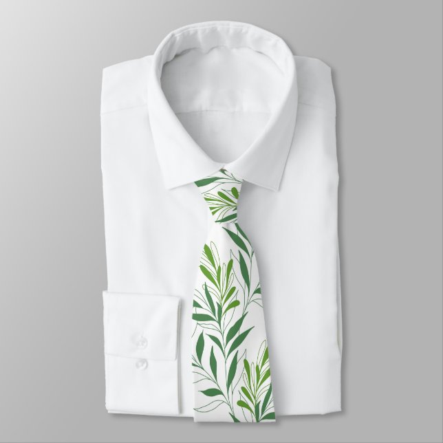   Greenery Foliage Pattern Elegant Green And White Neck Tie (Tied)