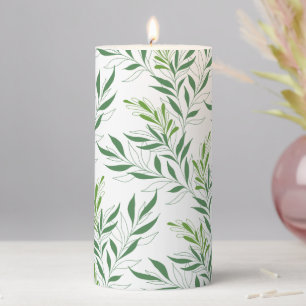 Greenery Foliage Pattern Elegant Green And White Pillar Candle
