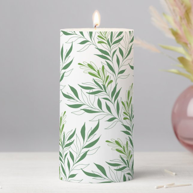   Greenery Foliage Pattern Elegant Green And White Pillar Candle (In Situ)