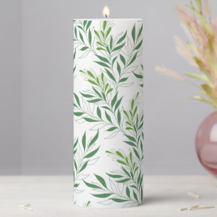 Greenery Foliage Pattern Elegant Green And White Pillar Candle