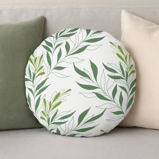   Greenery Foliage Pattern Elegant Green And White Round Pillow (Creator Uploaded)