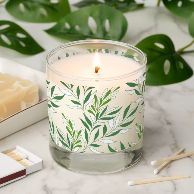   Greenery Foliage Pattern Elegant Green And White Scented Candle (Lit)