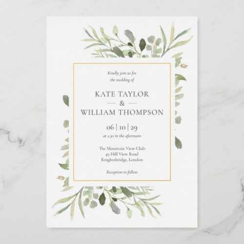 Greenery Foliage Photo Wedding Elegant Gold Foil Invitation