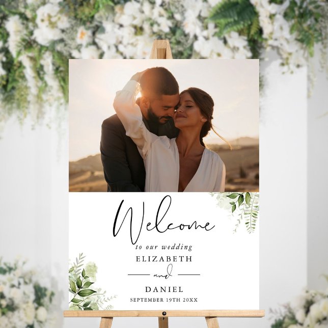Greenery Foliage Photo Wedding Welcome Sign (Greenery Foliage Photo Wedding Welcome Sign)