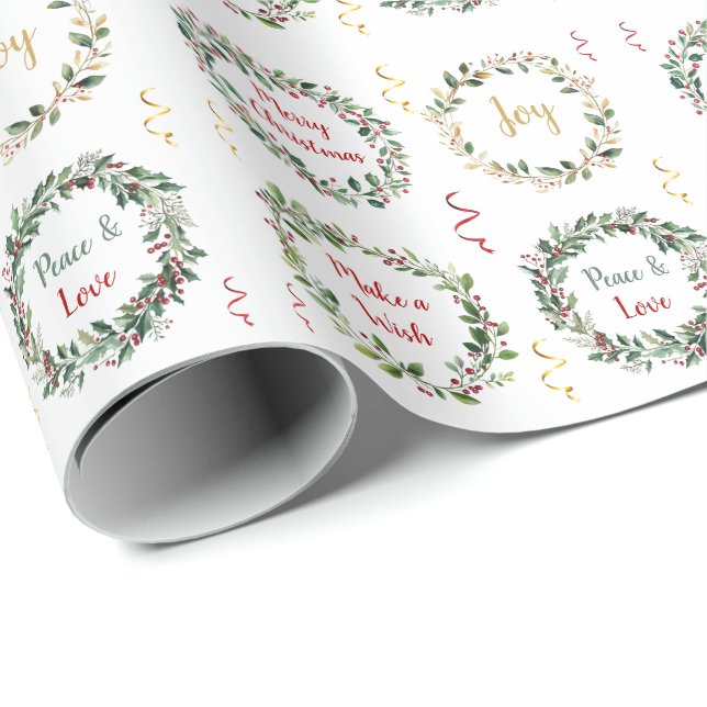 Greenery Foliage Red Berry Christmas Monogram  Wrapping Paper (Roll Corner)