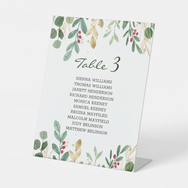 Greenery Foliage Red Berry Christmas Wedding Pedestal Sign (Front)