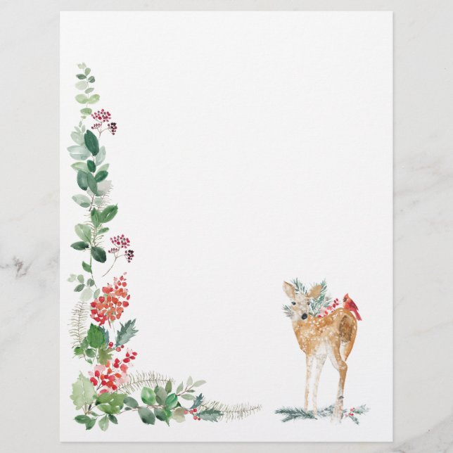 Greenery Foliage Red Berry Fawn Letterhead (Front)