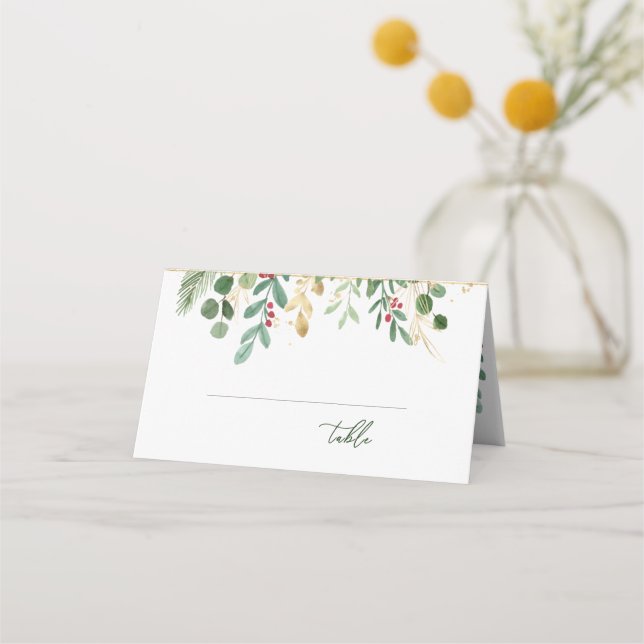 Greenery Foliage Red Berry Place Card (Front)