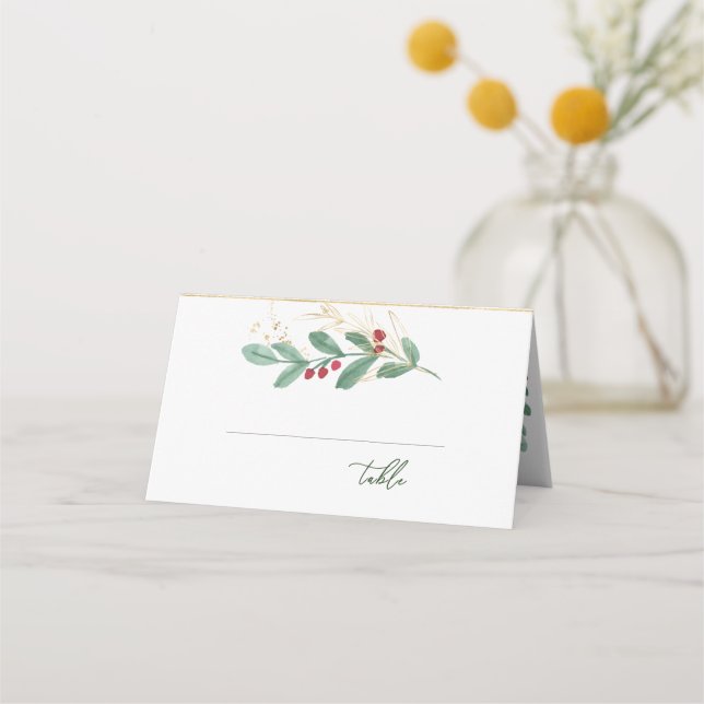 Greenery Foliage Red Berry Place Card (Front)