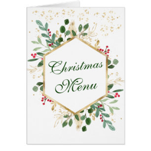 Greenery Foliage Red Berry Wedding Christmas Menu Cards