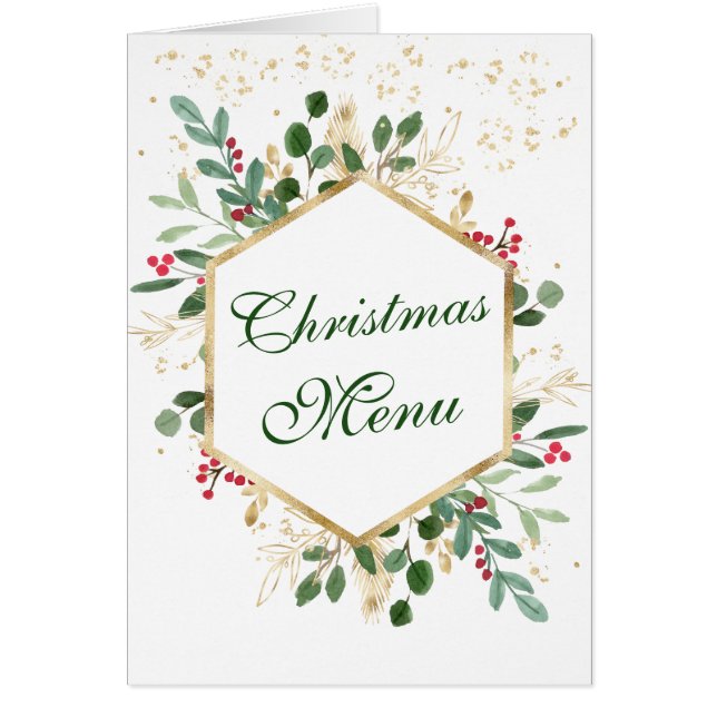 Greenery Foliage Red Berry Wedding Christmas Menu Cards (Front)