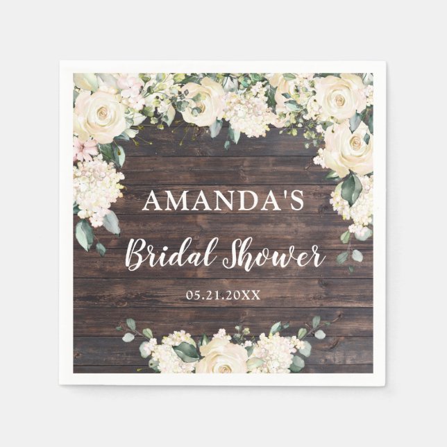 Greenery foliage rustic wood boho white roses napkins (Front)