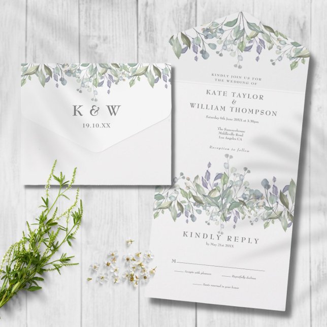 Greenery Foliage Sage And Lilac Monogram Wedding All In One Invitation