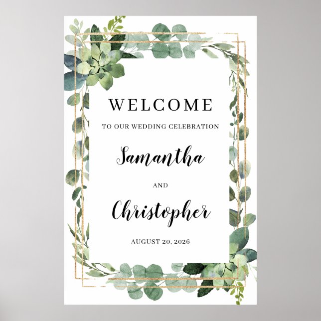 Greenery foliage succulent gold frame welcome sign (Front)