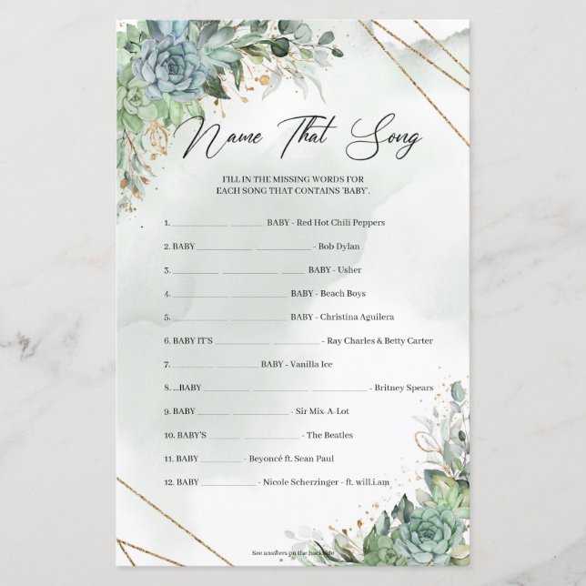 Greenery foliage succulents gold Name That Song (Front)