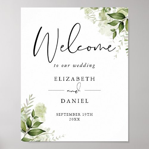 Greenery Foliage Wedding Welcome Sign - This elegant botanical greenery leaves wedding welcome sign can be personalized with your information in chic typography. Designed by Thisisnotme©
