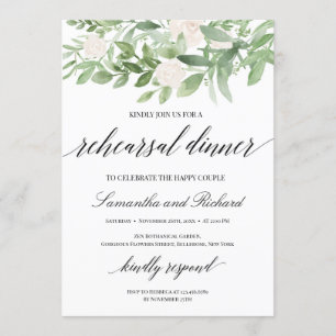 Greenery foliage white roses boho rehearsal dinner invitation
